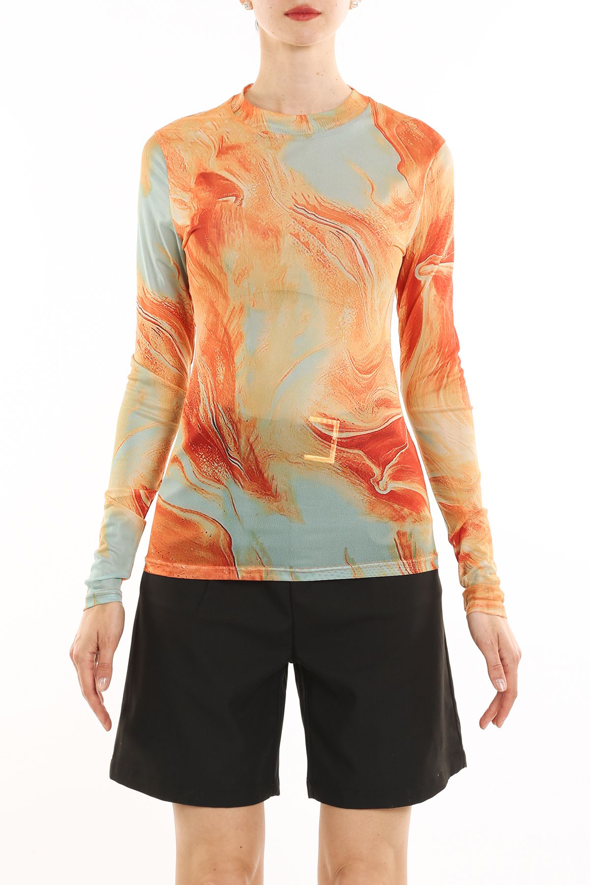 Abstract Swirl Printed Long Sleeves Mesh Shirt