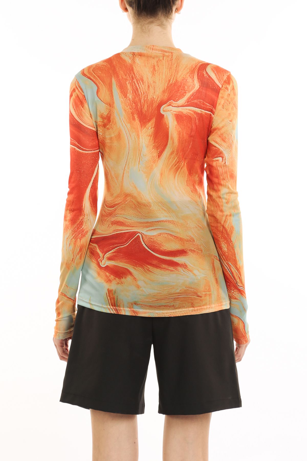 Abstract Swirl Printed Long Sleeves Mesh Shirt