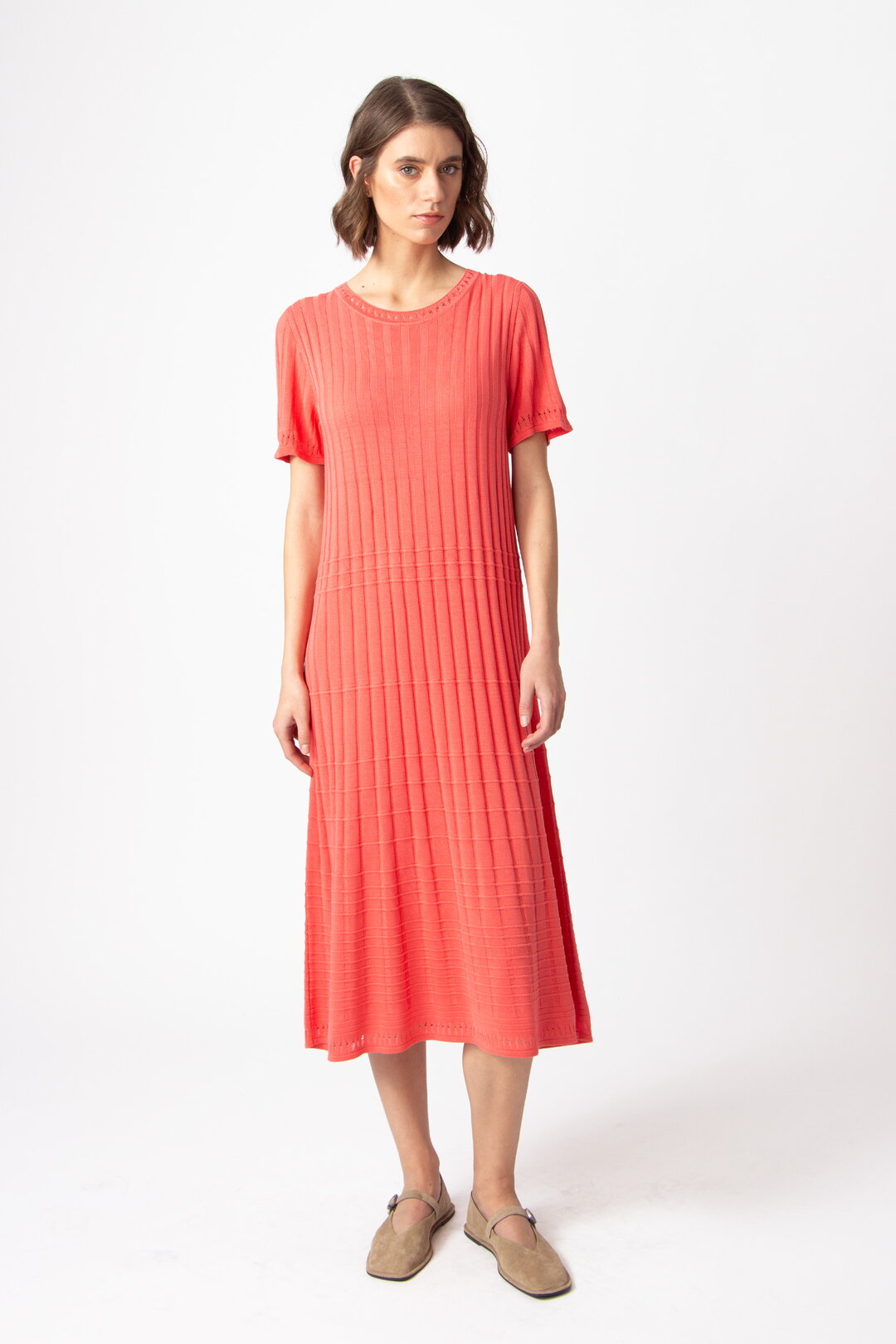 Solid O-Neck Ribbed Dress