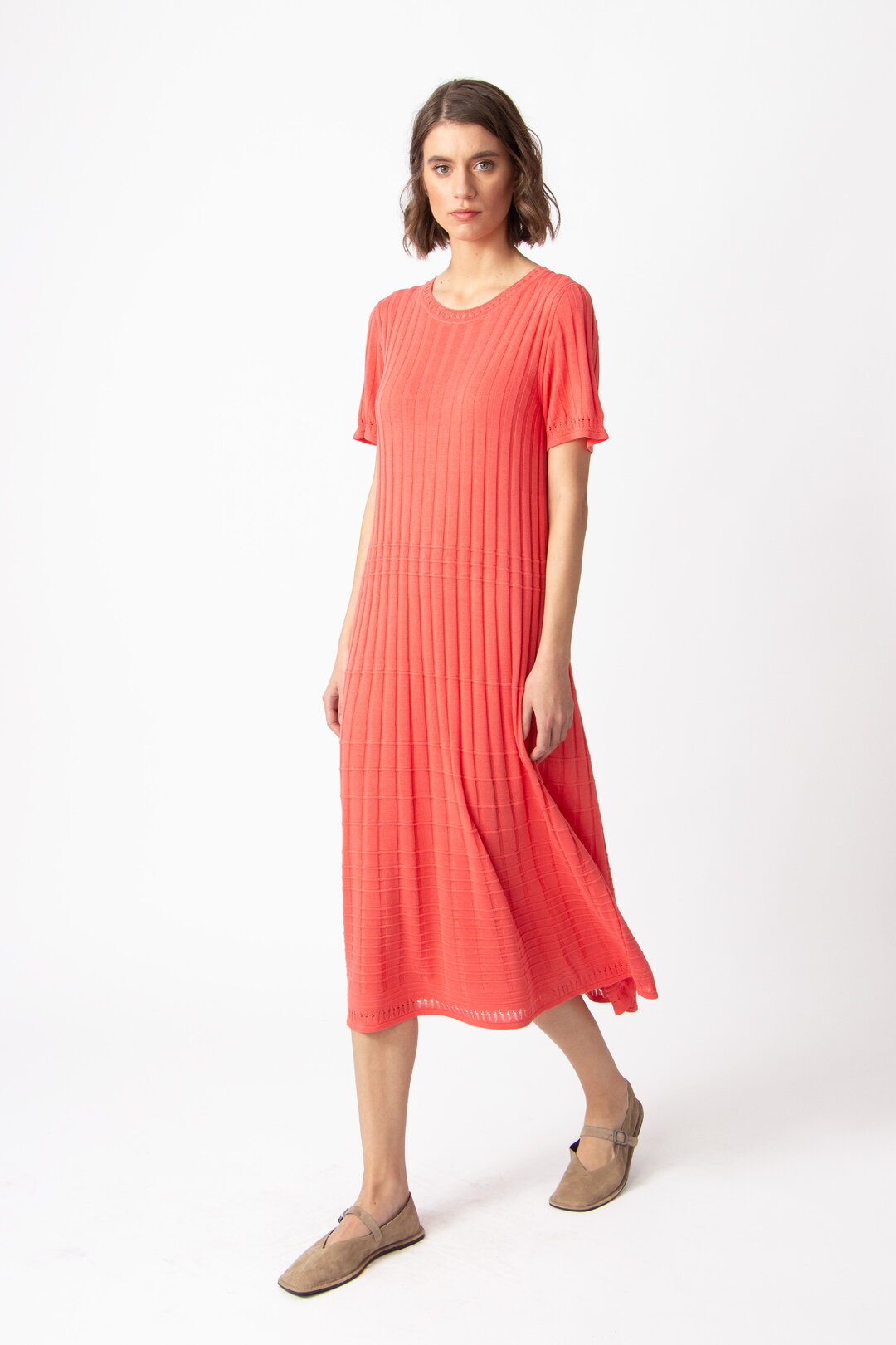 Solid O-Neck Ribbed Dress
