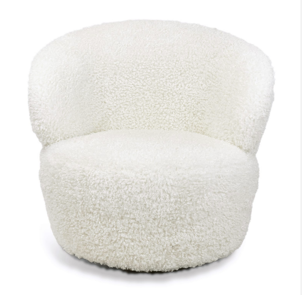 The Myra Chair's soft bouclé faux wool seat and modern, curved form are both cozy and glamorous. She's even complete with a swivel for an easy conversation about the room.