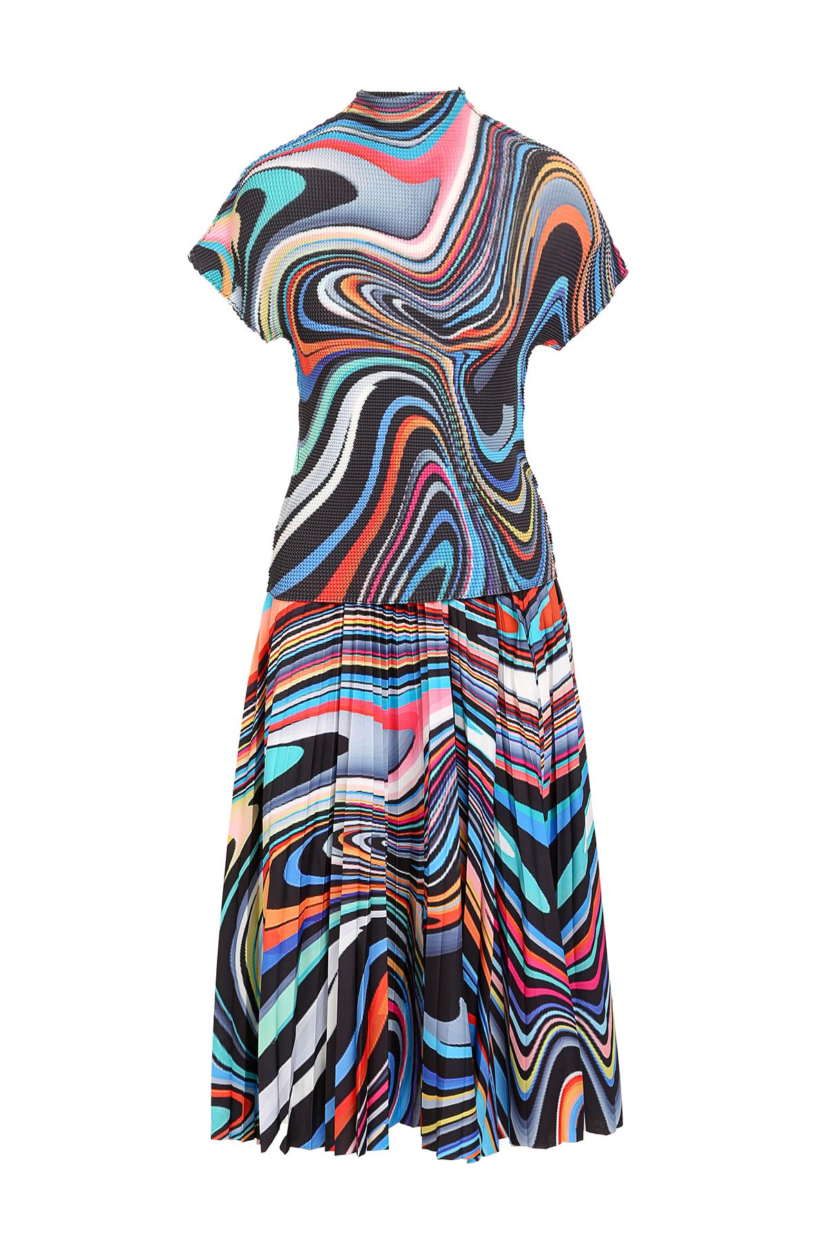 Multicolor Abstract Print Pleat Top & Skirt Set