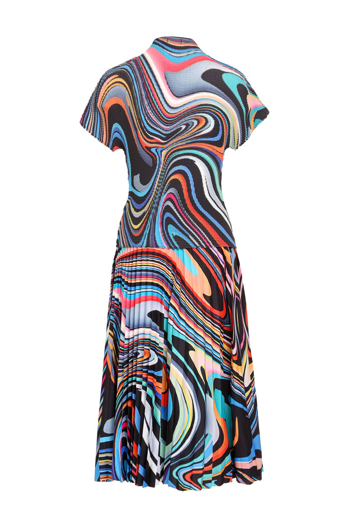 Multicolor Abstract Print Pleat Top & Skirt Set