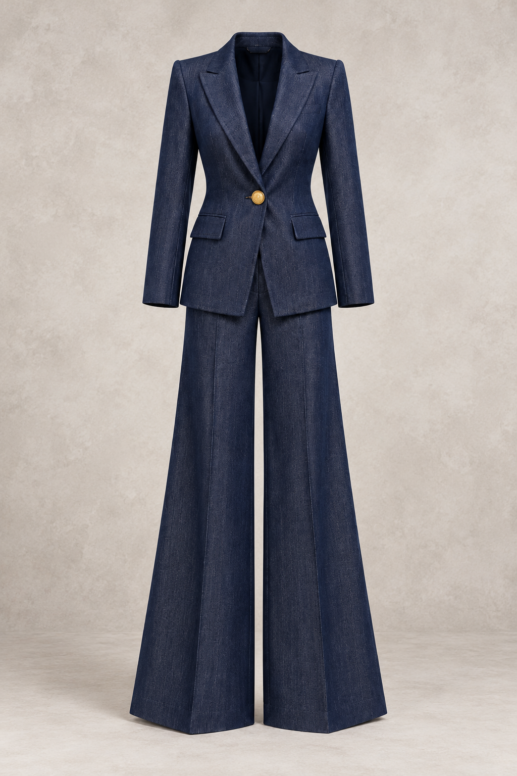 Garment-only front view of the complete Rossario George dark indigo denim suit set on a textured studio background