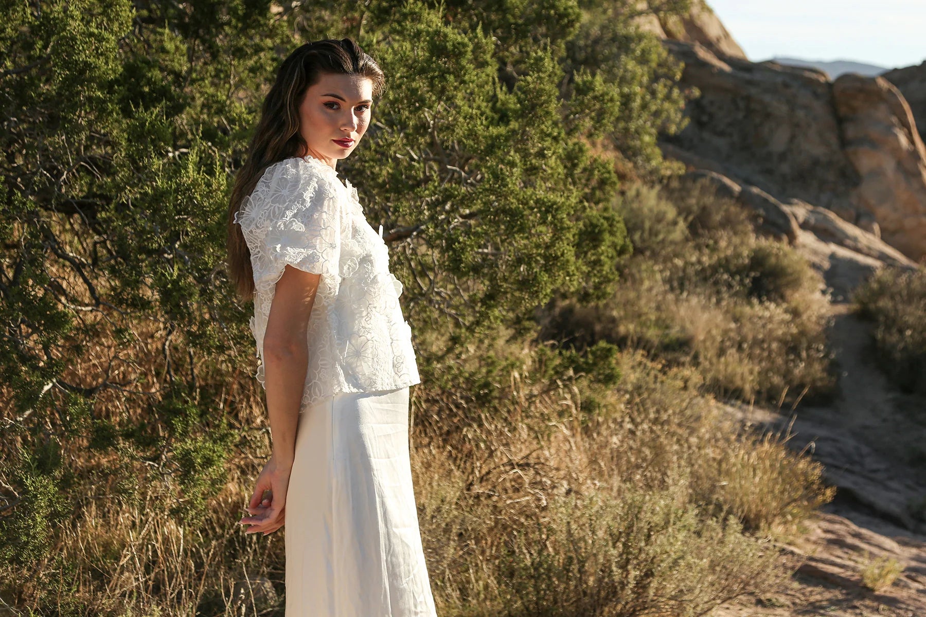 Sierra Organza Floral Lace Puff Sleeve Top