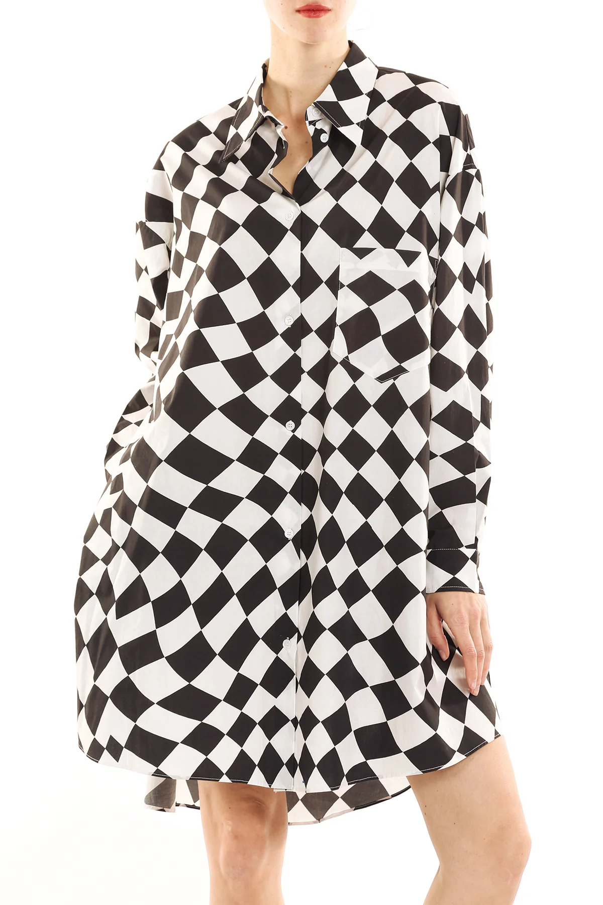 Checker Patterned High Low Midi Shirt Dress