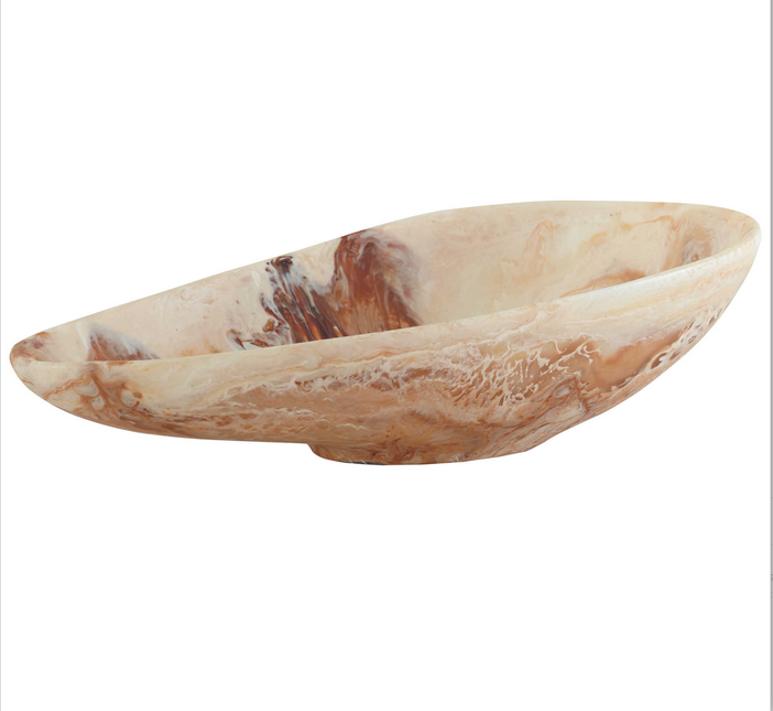 The beauty of the Marchena Bowl is its organic shape and marbleized finish. The caramel swirl finish consists of ivories, browns and tans all organically swirled together. Due to the handcrafted nature of this piece each item will vary.