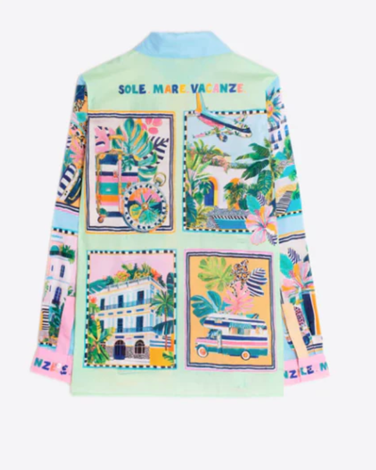 Colorful patterned shirt with 'Sole Maravalle' branding on a white background