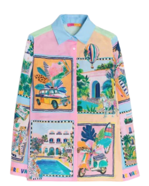Colorful shirt with tropical-themed design on a white background