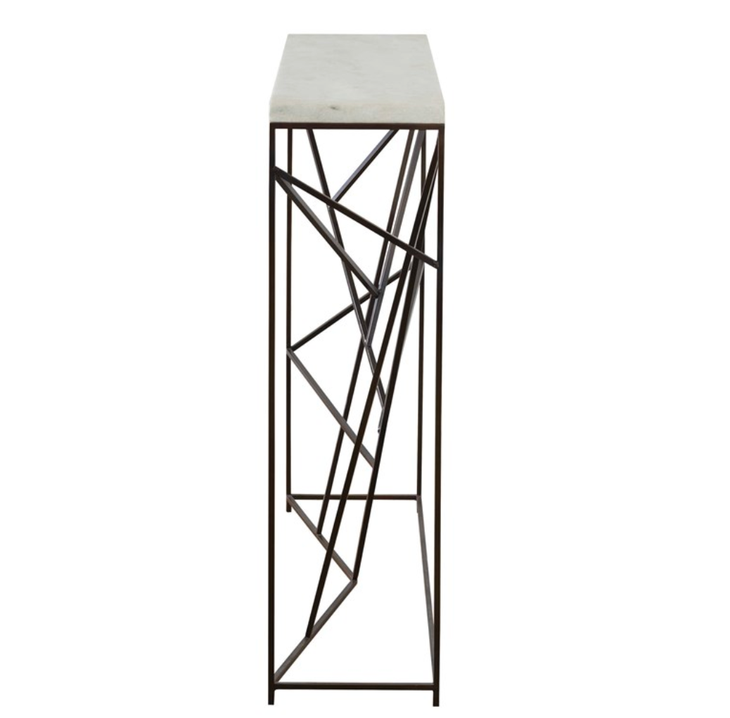 Perfect imperfection and clean design combine to create a stylish console that is a solution for halls and smaller spaces. A well-balanced and seemingly random designed base is clean and modern while still having character. Made of steel in aged black with a honed white marble top.