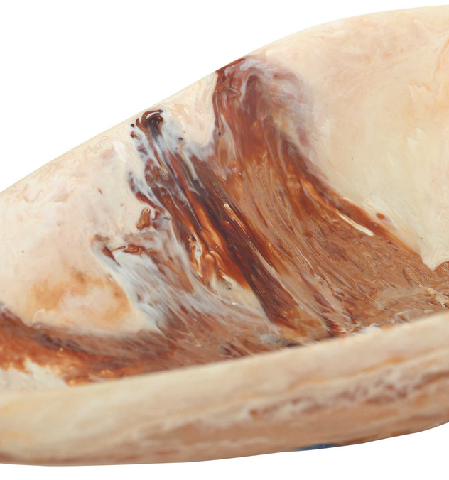 The beauty of the Marchena Bowl is its organic shape and marbleized finish. The caramel swirl finish consists of ivories, browns and tans all organically swirled together. Due to the handcrafted nature of this piece each item will vary.