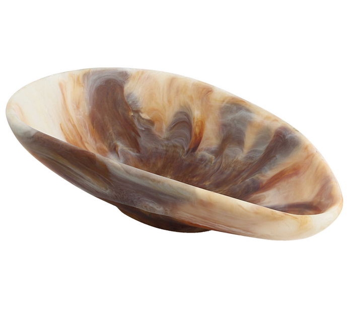 The beauty of the Marchena Bowl is its organic shape and marbleized finish. The caramel swirl finish consists of ivories, browns and tans all organically swirled together. Due to the handcrafted nature of this piece each item will vary.