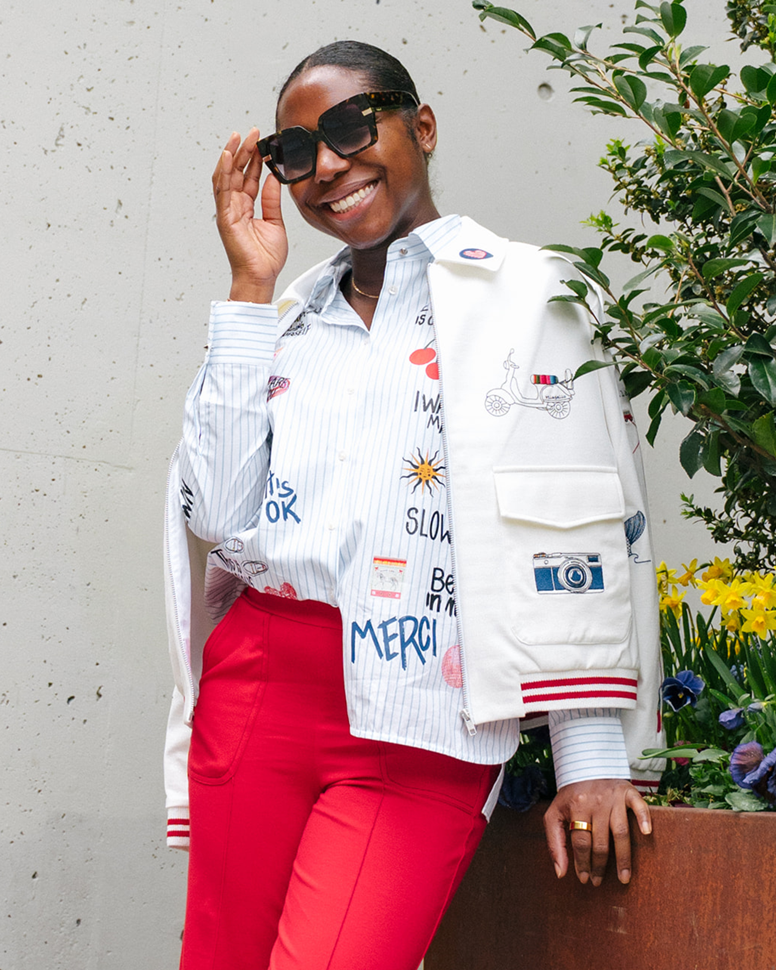 WHITE BOMBER JACKET WITH SURF EMBROIDERY